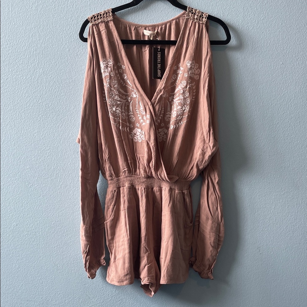 Phanuel Dusty Rose Embroidered V-Neck Romper